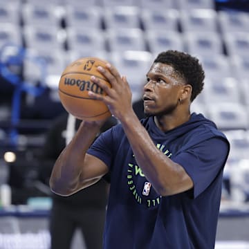 May 28, 2025; Oklahoma City, Oklahoma, USA; Minnesota Timberwolves guard Anthony Edwards warms up before game five of the western conference finals against the Oklahoma City Thunder for the 2025 NBA Playoffs at Paycom Center.
