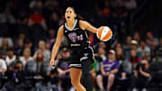 May 11, 2025; Phoenix, AZ, USA; Golden State Valkyries guard Veronica Burton (22) against the Phoenix Mercury during a preseason game at PHX Arena. Mandatory Credit: Mark J. Rebilas-Imagn Images