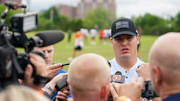 Trey Hendrickson talks to reporters in Cincinnati on Tuesday about not wanting to play on his current contract.