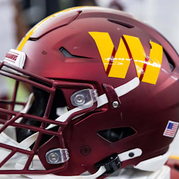 Sep 29, 2024; Glendale, Arizona, USA; Detailed view of a Washington Commanders helmet at State Farm Stadium. Mandatory Credit: Mark J. Rebilas-Imagn Images