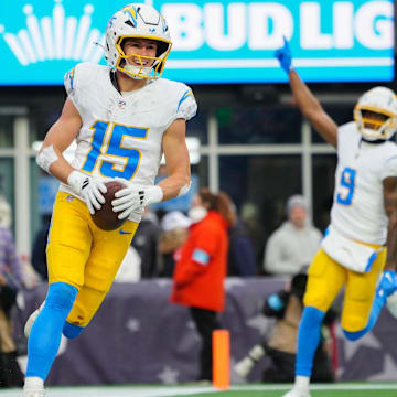 Los Angeles Chargers wide receiver Ladd McConkey reacts to scoring a touchdown against the New England Patriots