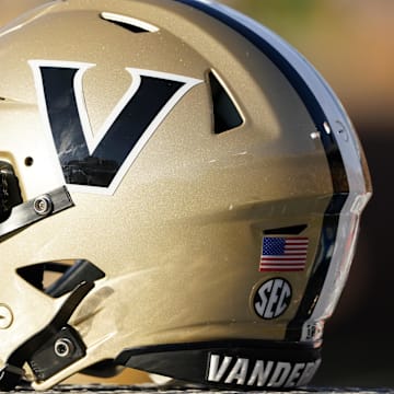 Oct 22, 2022; Columbia, Missouri, USA; A detail view of a Vanderbilt Commodores helmet against the Missouri Tigers during the second half of the game at Faurot Field at Memorial Stadium. Mandatory Credit: Denny Medley-Imagn Images