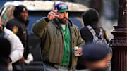 Feb 14, 2025; Philadelphia, PA, USA; Jason Kelce waves to fans during the Super Bowl LIX championship parade and rally. Mandatory Credit: Kyle Ross-Imagn Images