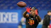 Mar 1, 2025; Indianapolis, IN, USA; Utah State wideout Jalen Royals (WO38) during the 2025 NFL Combine at Lucas Oil Stadium. Mandatory Credit: Kirby Lee-Imagn Images