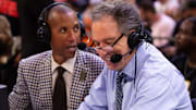 Nov 26, 2024; Phoenix, Arizona, USA; NBA on TNT television analyst Reggie Miller (left) and Kevin Harlan during the Los Angeles Lakers against the Phoenix Suns during an NBA Cup game at Footprint Center. Mandatory Credit: Mark J. Rebilas-Imagn Images
