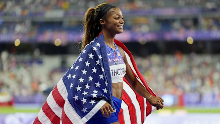 Gabby Thomas celebrates after winning the women’s 4x400m relay final during the Paris 2024 Olympic Summer Games. Gabby Thomas celebrates after winning the women’s 4x400m relay final during the Paris 2024 Olympic Summer Games.