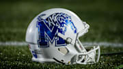 Nov 28, 2020; Annapolis, Maryland, USA; A Memphis Tigers helmet is seen on the sidelines during the first half of the game against the Navy Midshipmen at Navy-Marine Corps Memorial Stadium. Mandatory Credit: Scott Taetsch-Imagn Images