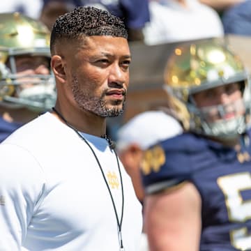 Apr 12, 2025; Notre Dame, IN, USA; Notre Dame Fighting Irish head coach Marcus Freeman waits to run onto the field during the Blue-Gold game at Notre Dame Stadium. Mandatory Credit: Michael Caterina-Imagn Images