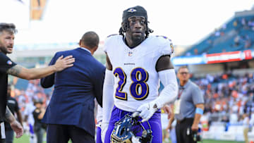 Oct 6, 2024; Cincinnati, Ohio, USA; Baltimore Ravens safety Sanoussi Kane (28) walks off the field after the victory over the Cincinnati Bengals at Paycor Stadium. Mandatory Credit: Katie Stratman-Imagn Images