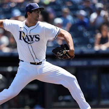iApr 13, 2025; Tampa, Florida, USA; Tampa Bay Rays starting pitcher Joe Boyle (36) throws a pitch against the Atlanta Braves in the first inning at George M. Steinbrenner Field. Mandatory Credit: Nathan Ray Seebeck-Imagn Images