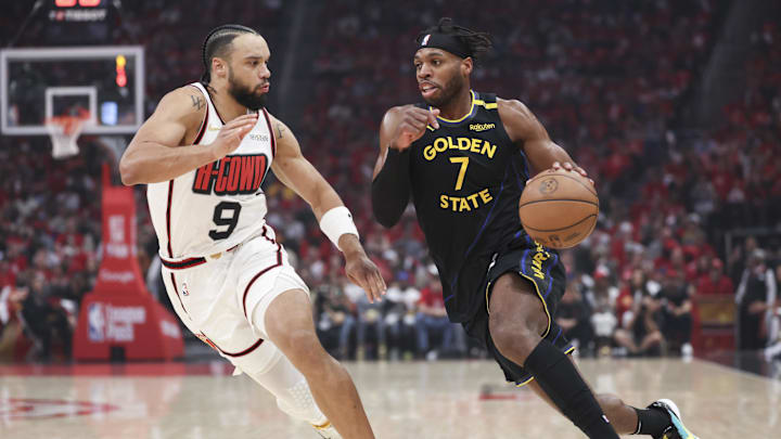 May 4, 2025; Houston, Texas, USA; Golden State Warriors guard Buddy Hield (7) dribbles the ball as Houston Rockets forward Dillon Brooks (9) defends during the first quarter of game seven of the first round for the 2025 NBA Playoffs at Toyota Center. Mandatory Credit: Troy Taormina-Imagn Images May 4, 2025; Houston, Texas, USA; Golden State Warriors guard Buddy Hield (7) dribbles the ball as Houston Rockets forward Dillon Brooks (9) defends during the first quarter of game seven of the first round for the 2025 NBA Playoffs at Toyota Center. Mandatory Credit: Troy Taormina-Imagn Images