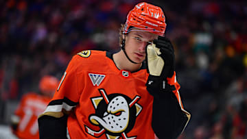 Apr 7, 2025; Anaheim, California, USA; Anaheim Ducks center Trevor Zegras (11) during the second period at Honda Center. Mandatory Credit: Gary A. Vasquez-Imagn Images