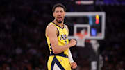 Indiana Pacers guard Tyrese Haliburton reacts during the third quarter of game seven of the second round of the 2024 NBA playoffs against the New York Knicks at Madison Square Garden.