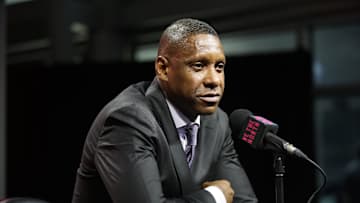 Masai Ujiri talks to the media before the 2025 season.