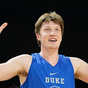 Apr 4, 2025; San Antonio, TX, USA; Duke Blue Devils guard Kon Knueppel (7) during a practice session for the Final Four of the 2025 NCAA tournament at Alamodome. Mandatory Credit: Bob Donnan-Imagn Images
