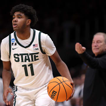 Mar 28, 2025; Atlanta, GA, USA; Michigan State Spartans guard Jase Richardson (11) in the second half of a South Regional semifinal of the 2025 NCAA tournament against the Mississippi Rebels at State Farm Arena. Mandatory Credit: Brett Davis-Imagn Images