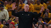May 25, 2025; Indianapolis, Indiana, USA; Indiana Pacers head coach Rick Carlisle shouts during the second quarter against the New York Knicks during game three of the eastern conference finals for the 2025 NBA Playoffs at Gainbridge Fieldhouse. Mandatory Credit: Trevor Ruszkowski-Imagn Images