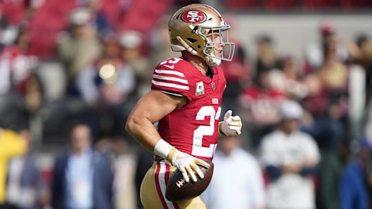 November 17, 2024; Santa Clara, California, USA; San Francisco 49ers running back Christian McCaffrey (23) warms up before the game against the Seattle Seahawks at Levi's Stadium. Mandatory Credit: Kyle Terada-Imagn Images