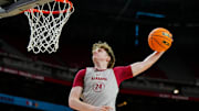 Alabama Crimson Tide forward Sam Walters (24) dunks during practice for the Final Four at State Farm Stadium on Friday, April 5, 2024.