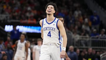 Mar 23, 2025; Milwaukee, WI, USA;  Kentucky Wildcats guard Koby Brea (4) reacts during the second half in the second round of the NCAA Tournament against the Illinois Fighting Illini at Fiserv Forum. Mandatory Credit: Jeff Hanisch-Imagn Images