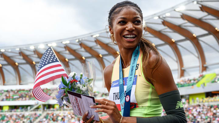 Gabby Thomas celebrates her win in the women’s 200 meter final during the US Olympic Track and Field Team Trials. Gabby Thomas celebrates her win in the women’s 200 meter final during the US Olympic Track and Field Team Trials.