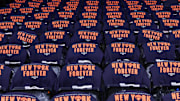 May 10, 2025; New York, New York, USA; T-shirts for the fans are placed on the seats prior to game three of the second round for the 2025 NBA Playoffs between the Boston Celtics and the New York Knicks at Madison Square Garden. Mandatory Credit: Wendell Cruz-Imagn Images