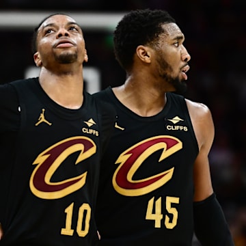 May 13, 2025; Cleveland, Ohio, USA; Cleveland Cavaliers guard Darius Garland (10) and guard Donovan Mitchell (45) react during the second half against the Indiana Pacers in game five of the second round for the 2025 NBA Playoffs at Rocket Arena. Mandatory Credit: Ken Blaze-Imagn Images