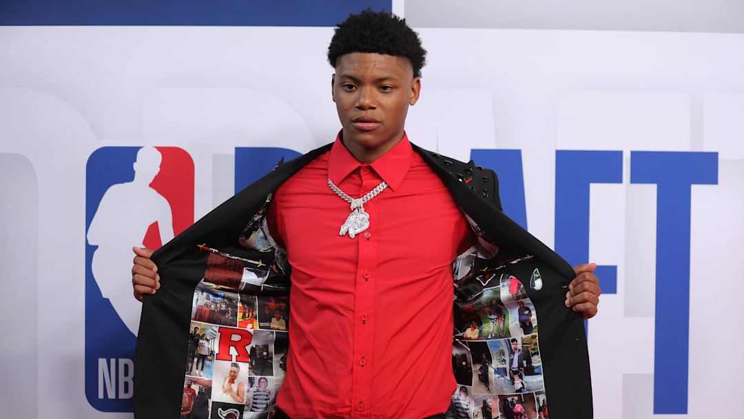 Ace Bailey shows off his suit at the NBA draft.