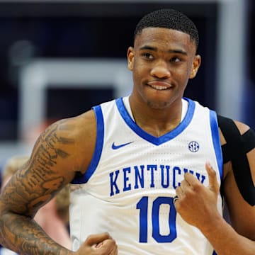 Mar 4, 2025; Lexington, Kentucky, USA; Kentucky Wildcats forward Brandon Garrison (10) runs down the court after scoring during the first half against the LSU Tigers at Rupp Arena at Central Bank Center. Mandatory Credit: Jordan Prather-Imagn Images