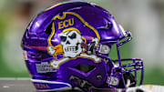 Sep 2, 2021; Charlotte, North Carolina, USA; East Carolina Pirates helmet during the first quarter against the Appalachian State Mountaineers at Bank of America Stadium. Mandatory Credit: Jim Dedmon-Imagn Images