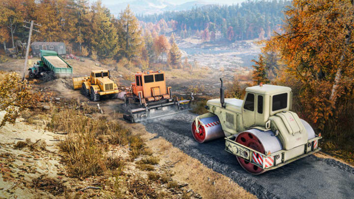 Four heavy vehicles pave a road in RoadCraft