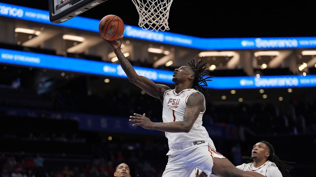 Mar 11, 2025; Charlotte, NC, USA; Florida State Seminoles guard Jamir Watkins (1) drives to the basket against the Syracuse Orange during the second half at Spectrum Center. Mandatory Credit: Jim Dedmon-Imagn Images Mar 11, 2025; Charlotte, NC, USA; Florida State Seminoles guard Jamir Watkins (1) drives to the basket against the Syracuse Orange during the second half at Spectrum Center. Mandatory Credit: Jim Dedmon-Imagn Images
