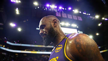 Oct 28, 2024; Phoenix, Arizona, USA; Los Angeles Lakers forward Lebron James (23) heads to the locker room at the end of the first half against the Phoenix Suns at Footprint Center. Mandatory Credit: Mark J. Rebilas-Imagn Images