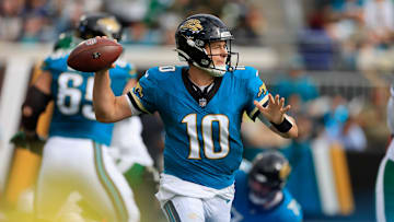 Jacksonville Jaguars quarterback Mac Jones (10) throws the ball during the second quarter Sunday, Dec. 15, 2024 at EverBank Stadium in Jacksonville, Fla. [Corey Perrine/Florida Times-Union]