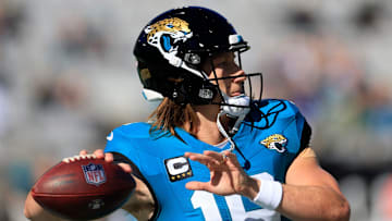 Jacksonville Jaguars quarterback Trevor Lawrence (16) warms up before an NFL football matchup Sunday, Dec. 1, 2024 at EverBank Stadium in Jacksonville, Fla. 