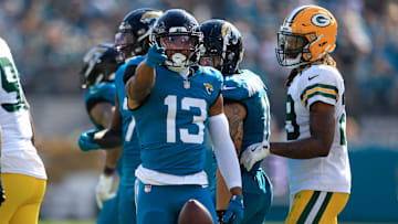 Jacksonville Jaguars wide receiver Christian Kirk (13) signals a first down pickup during the third quarter of an NFL football matchup Sunday, Oct. 27, 2024 at EverBank Stadium in Jacksonville, Fla. The Packers edged the Jaguars 30-27 on a last-second field goal. 