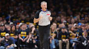 Official Scott Foster runs down the court during the second quarter of Game 2 of a Western Conference semifinal between the Denver Nuggets and Oklahoma City Thunder at Paycom Center in Oklahoma City on May 7, 2025.
