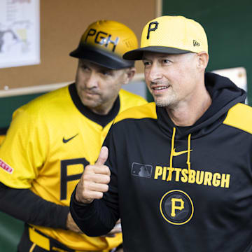 May 9, 2025; Pittsburgh, Pennsylvania, USA; Pittsburgh Pirates manager Don Kelly (12) gives a thumbs up before the game against the Atlanta Braves at PNC Park. This was Kelly’s first game as manager for the Pirates. Mandatory Credit: Scott Galvin-Imagn Images
