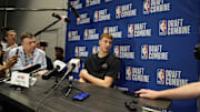 May 14, 2025; Chicago, Il, USA; Cooper Flagg talks to the media during the 2025 NBA Draft Combine at Marriott Marquis Chicago. Mandatory Credit: David Banks-Imagn Images