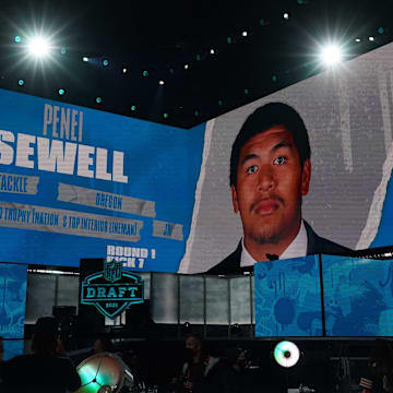 Apr 29, 2021; Cleveland, Ohio, USA; Oregon Ducks lineman Penei Sewell is displayed on the video board after being selected as the seventh pick by the Detroit Tigers during the 2021 NFL Draft  at First Energy Stadium. Mandatory Credit: Kirby Lee-Imagn Images