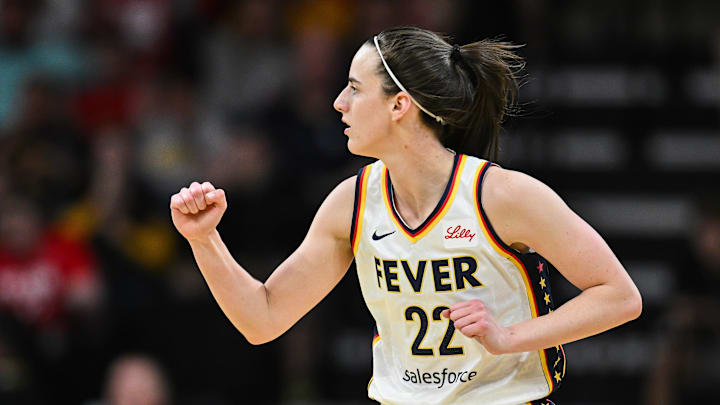 Indiana Fever guard Caitlin Clark (22) reacts during the first quarter against the Brazil National Team at Carver-Haweye Arena. Indiana Fever guard Caitlin Clark (22) reacts during the first quarter against the Brazil National Team at Carver-Haweye Arena.