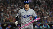 Los Angeles Dodgers Shohei Ohtani (17) reacts after striking out against the Arizona Diamondbacks.