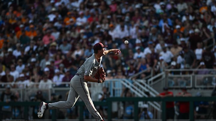Jun 24, 2024; Omaha, NE, USA; Texas A&M Aggies pitcher Josh Stewart (34) throws against the Tennessee Volunteers during the third inning at Charles Schwab Field Omaha. Mandatory Credit: Steven Branscombe-Imagn Images Jun 24, 2024; Omaha, NE, USA; Texas A&M Aggies pitcher Josh Stewart (34) throws against the Tennessee Volunteers during the third inning at Charles Schwab Field Omaha. Mandatory Credit: Steven Branscombe-Imagn Images