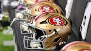 Sep 15, 2024; Minneapolis, Minnesota, USA; San Francisco 49ers helmets sits idle during the game against the Minnesota Vikings at U.S. Bank Stadium. Mandatory Credit: Jeffrey Becker-Imagn Images
