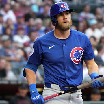 Mar 29, 2025; Phoenix, Arizona, USA; Chicago Cubs third base Gage Workman (25) hits against the Arizona Diamondbacks in the second inning at Chase Field.