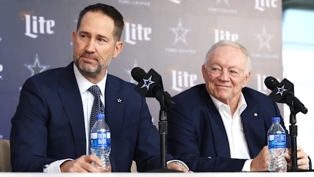  Dallas Cowboys Head Coach Brian Schottenheimer and owner Jerry Jones speak to the media at a press conference at the Star.  