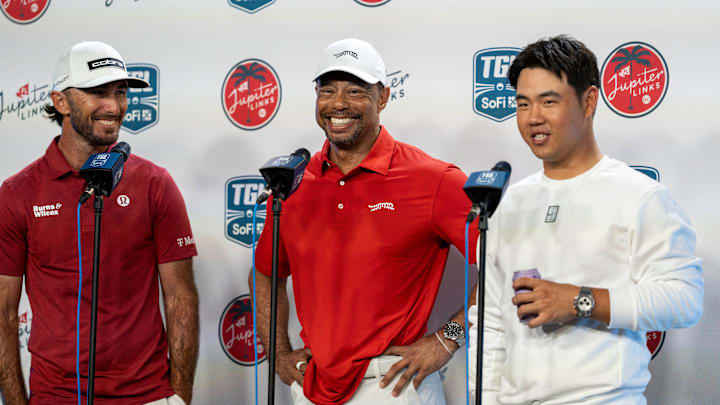 Max Homa, Tiger Woods and Tom Kim of Jupiter Links GC answer questions from reporters after their TGL match against Atlanta Drive GC at SoFi Center on March 4, 2025, in Palm Beach Gardens, Florida. Max Homa, Tiger Woods and Tom Kim of Jupiter Links GC answer questions from reporters after their TGL match against Atlanta Drive GC at SoFi Center on March 4, 2025, in Palm Beach Gardens, Florida.