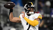 Jan 11, 2025; Baltimore, Maryland, USA; Pittsburgh Steelers quarterback Justin Fields (2) warms up before an AFC wild card game against the Baltimore Ravens at M&T Bank Stadium. Mandatory Credit: Tommy Gilligan-Imagn Images