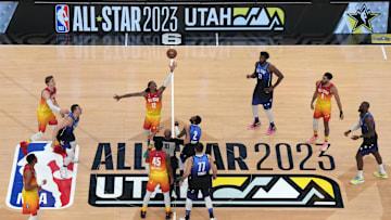 Team Giannis guard Ja Morant takes the opening tip-off to start the NBA All-Star Game against Team LeBron.