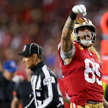 Dec 30, 2024; Santa Clara, California, USA; San Francisco 49ers tight end George Kittle (85) during the game against the Detroit Lions at Levi's Stadium. Mandatory Credit: Sergio Estrada-Imagn Images